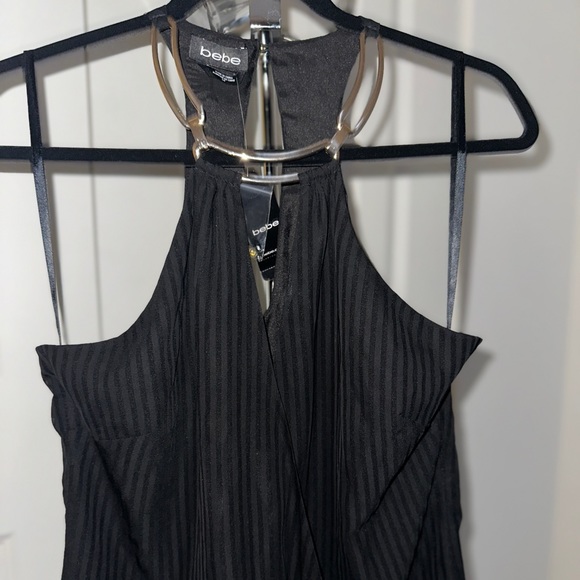 NWT BEBE Black Pinstripe Surplice Halter Top with Gold Neck Detail size Small - Picture 1 of 7